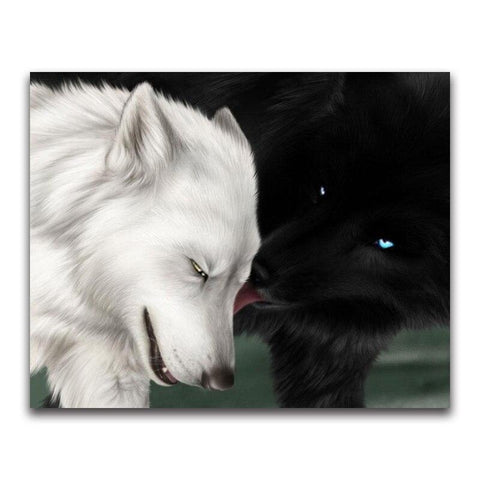 Broderie Diamant Couple Loup Noir et Blanc